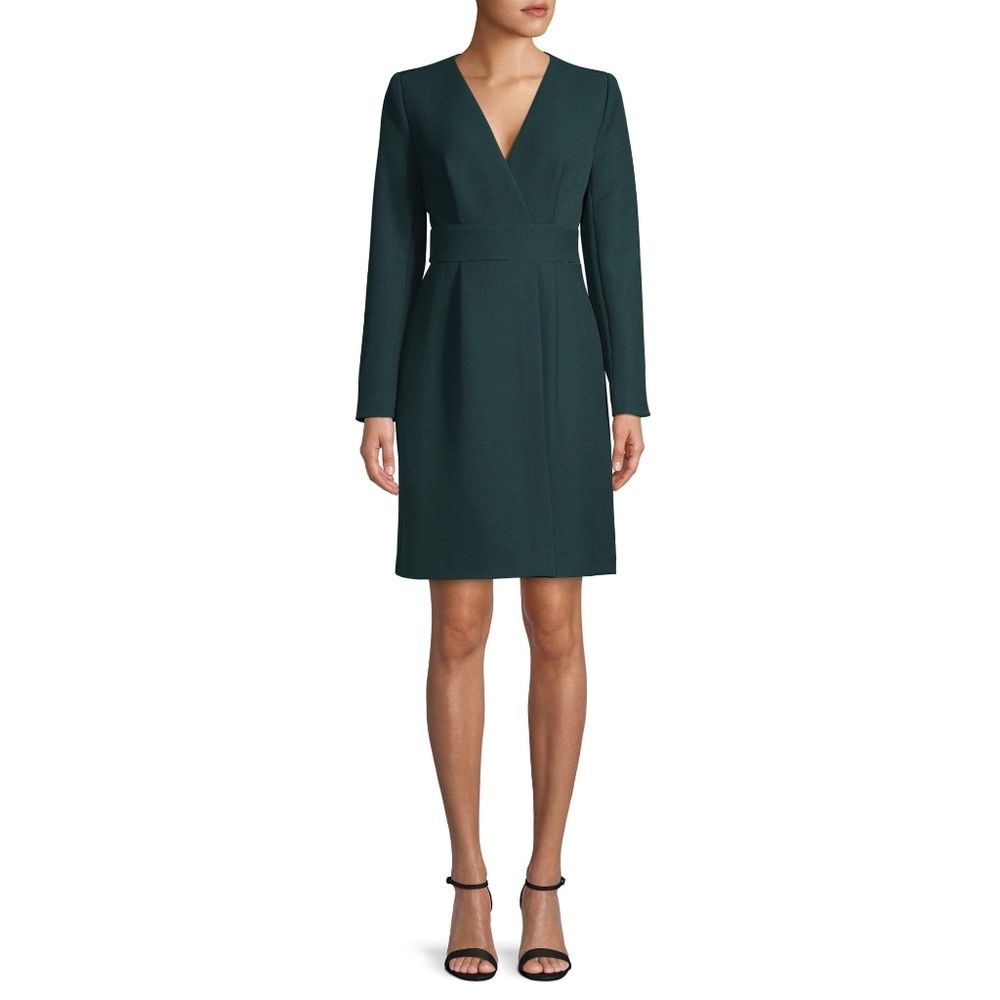 Donna Karan Emerald Faux Wrap Dress V- Neck Long Sleeve SZ 12 NEW
